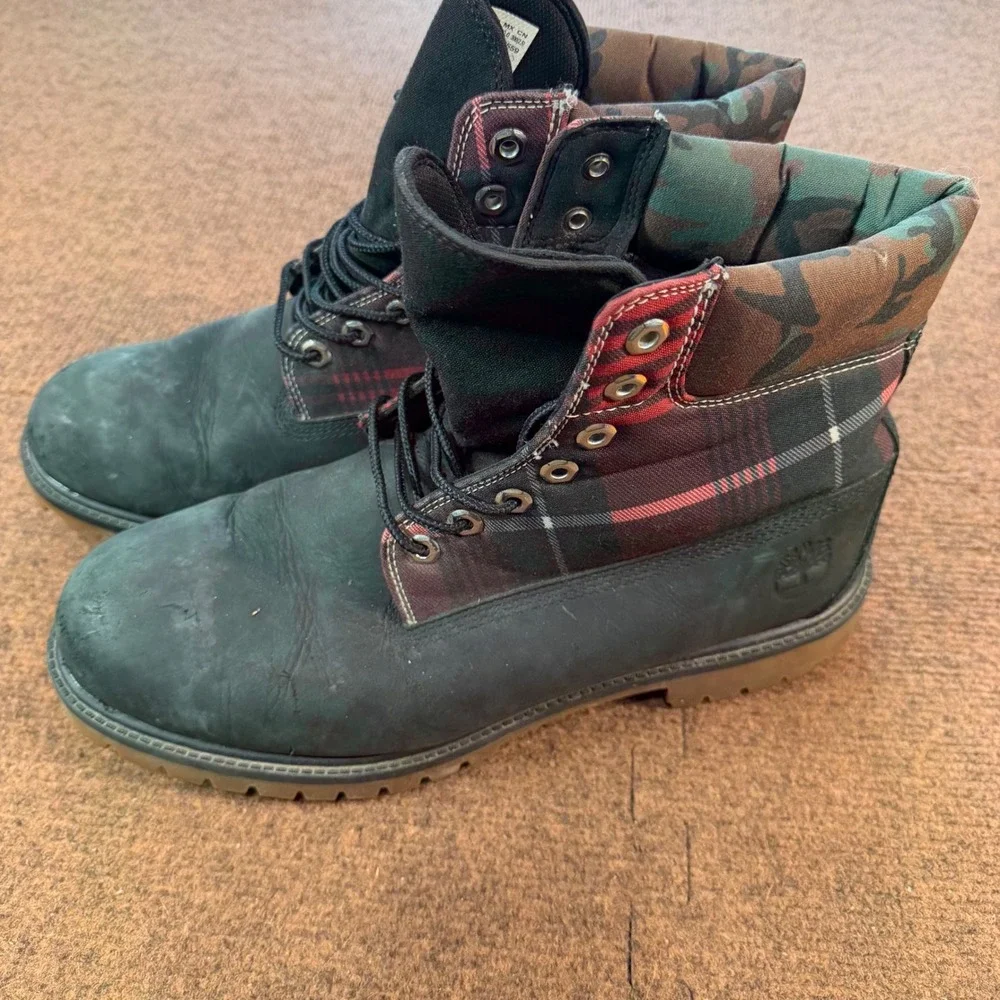 Timberland Premium 6 Inch work fit A- Boots Mens 12 Black Plaid Camo A5M7P A6559